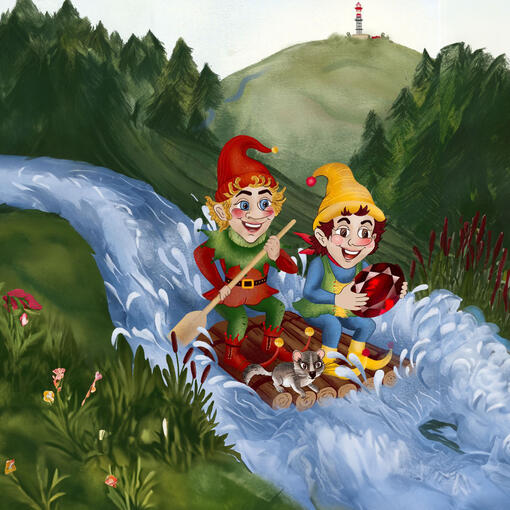 Ilustrace skřítků, jak jedou na voru pod horou Kozákov.